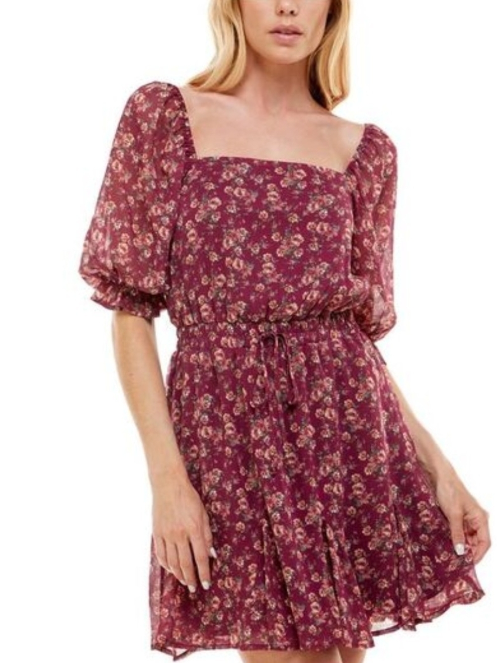 Floral Square-Neck Short Dress in Burgundy